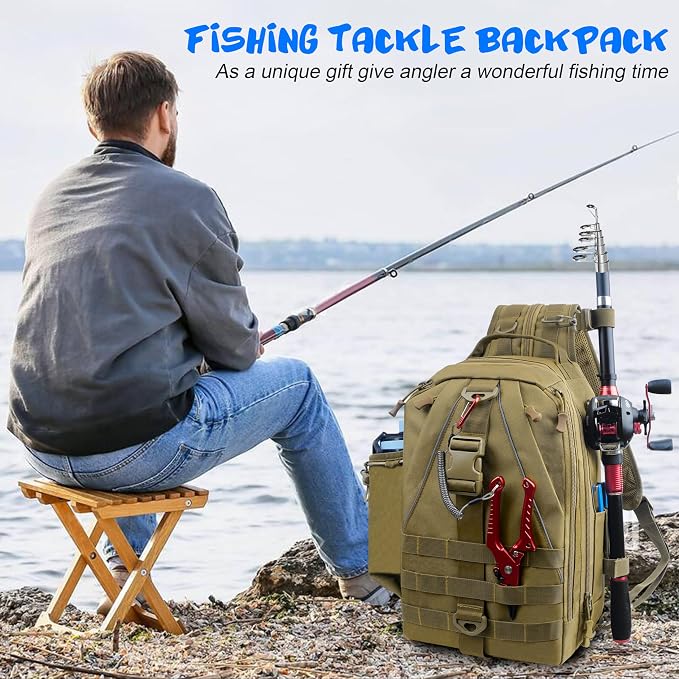 OROOTL Fishing Backpack Tackle Bag with Rod Holder Waterproof Fishing Sling Bag Storage Backpack Ideal Gifts for Men, Large