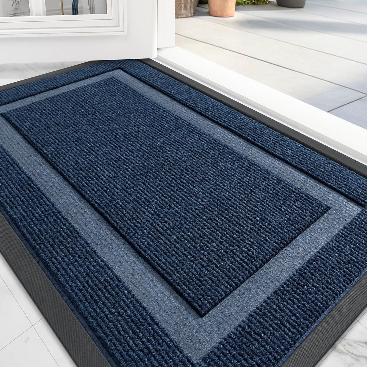 OLANLY Front Door Mat Indoor Outdoor Entrance, Waterproof All-Season, All-Weather Doormat, Sturdy Natural Rubber, Fade Resistant, Low Profile, Easy Clean Patio Porch Entryway Mat, 59x30, Blue