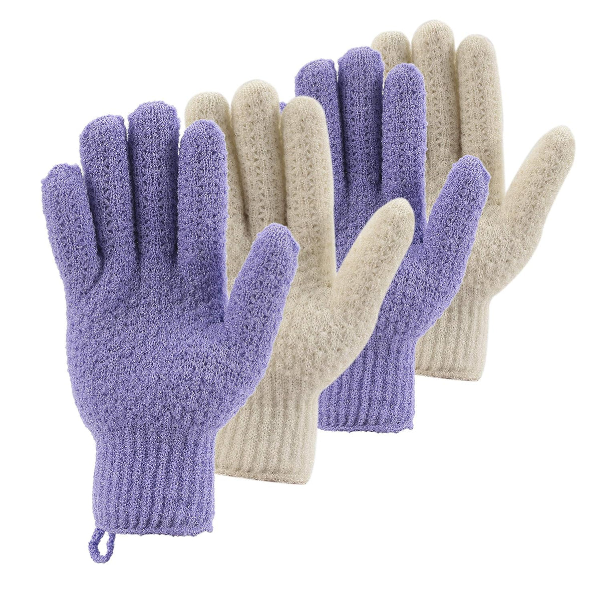 Bath Exfoliating Gloves Scrub - 4 pcs(2 pairs) Lengthened and Large Exfoliating Scrubbing Gloves for Shower, Spa, Massage - Scrub Exfoliating Mitts for Body, Face, Hand ï¼Purple and Beigeï¼