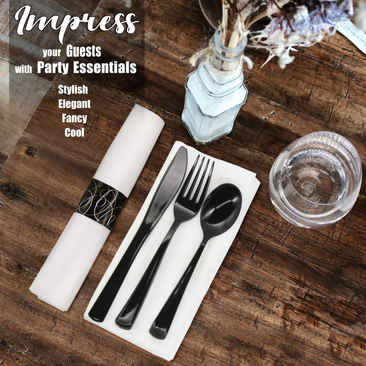 Party Essentials Party Supplies Wrapped Silverware Set Disposable, Pre Rolled Napkin and Cutlery, Spoons/Forks/Knives Black, 50 Units