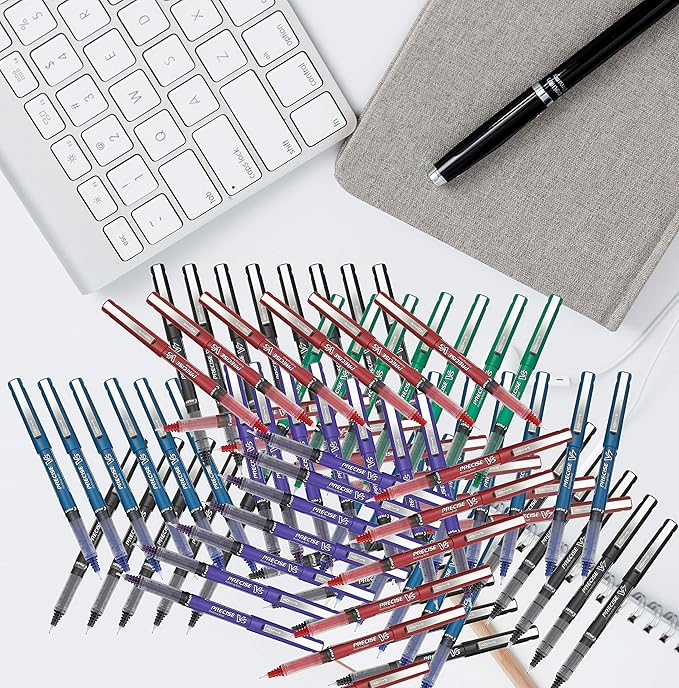 Precise V5/V7 Stick Rolling Ball Pens, Fine and Extra Fine Point, Assorted Points Red Ink, 6-pk; Bundle with Plastic Reusable Pouch