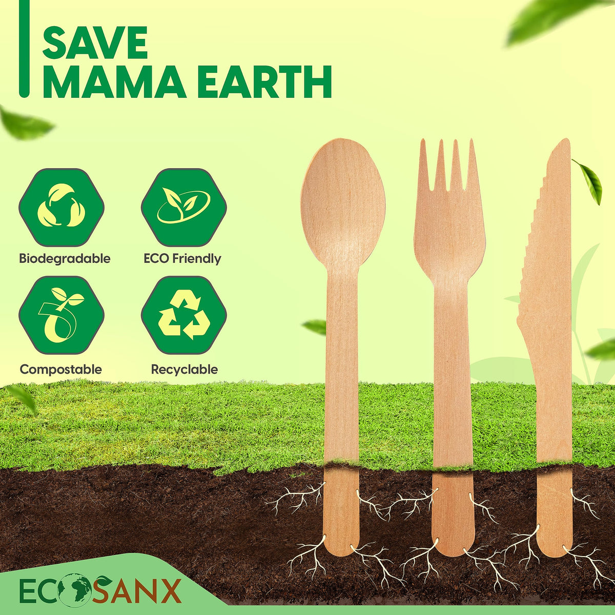 ECOSANX® 300 PCs Wooden spoons for eating, 6.5" Splinter Free small disposable spoons, Eco-Friendly, 100% All-Natural Compostable spoons for Outdoor, Bamboo spoon Disposable for Camping Events & More