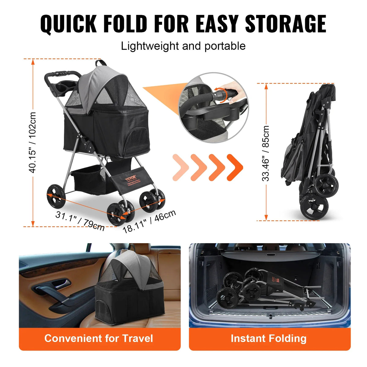 35lbs 4 Wheels Pet Dog Stroller with Brakes Storage Basket Cup Holder Puppy Stroller for Cats Travel Dogs Accessories