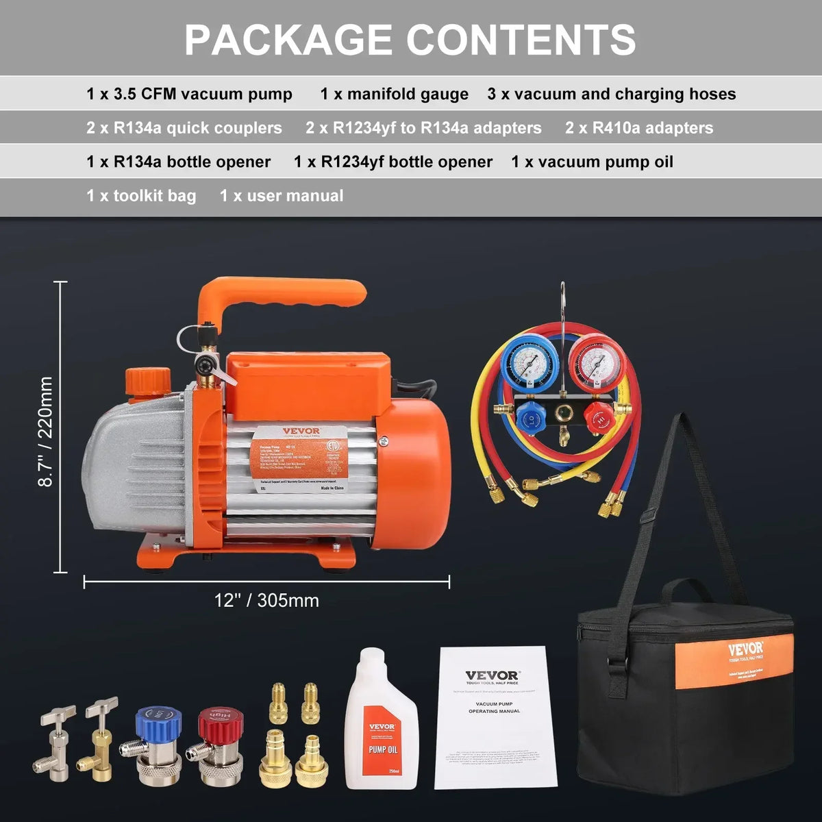1/4 HP 4.5 CFM AC Vacuum Pump and Gauge Set, Single Stage Air Vacuum Pump A/C Refrigerant Kit Manifold Gauge Set