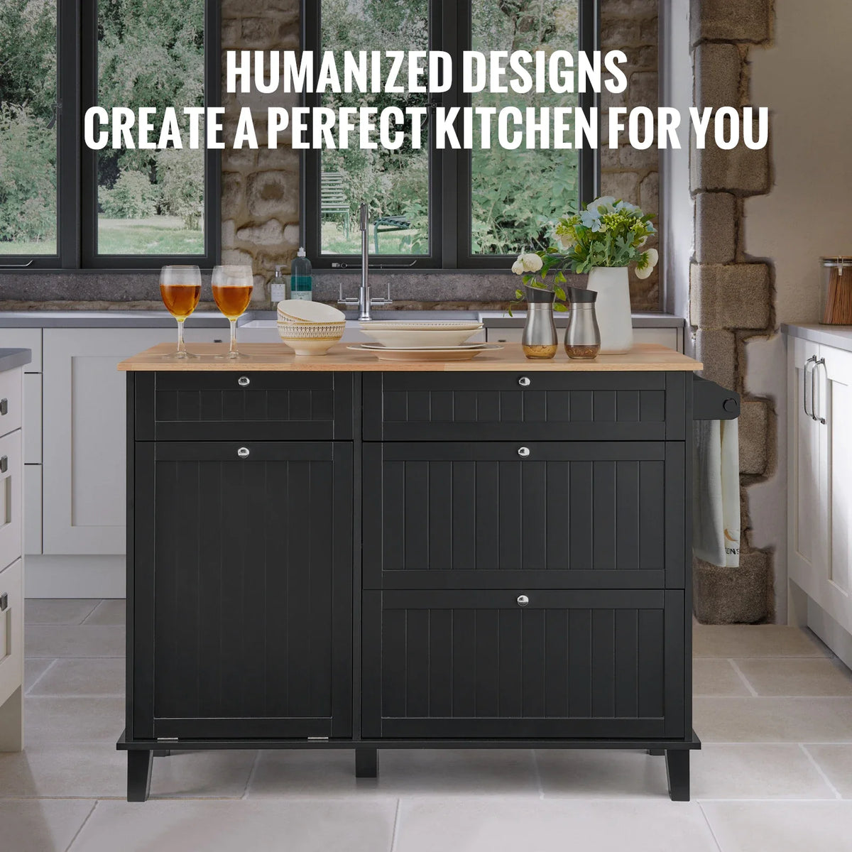 Kitchen Island Cart Breakfast Bar with Trash Cabinet Tilt Out Storage Farmhouse Dining Living Room Table with Drop Leaf