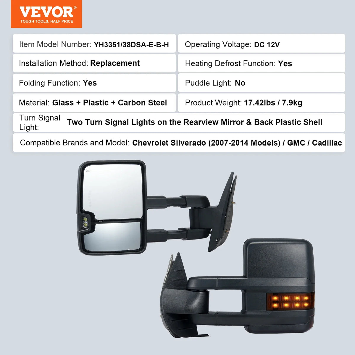 Pair Towing Mirrors Power Heated with Signal LED Driving Light Tow Mirror for Chevrolet Silverado (2003-2021)/GMC/Cadillac