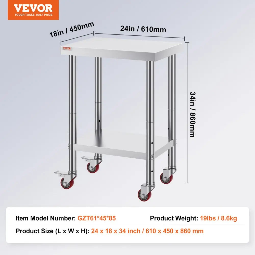 Stainless Steel Work Table 700 LBS Load Capacity with 4 Wheels Heavy Duty Food Prep Worktable