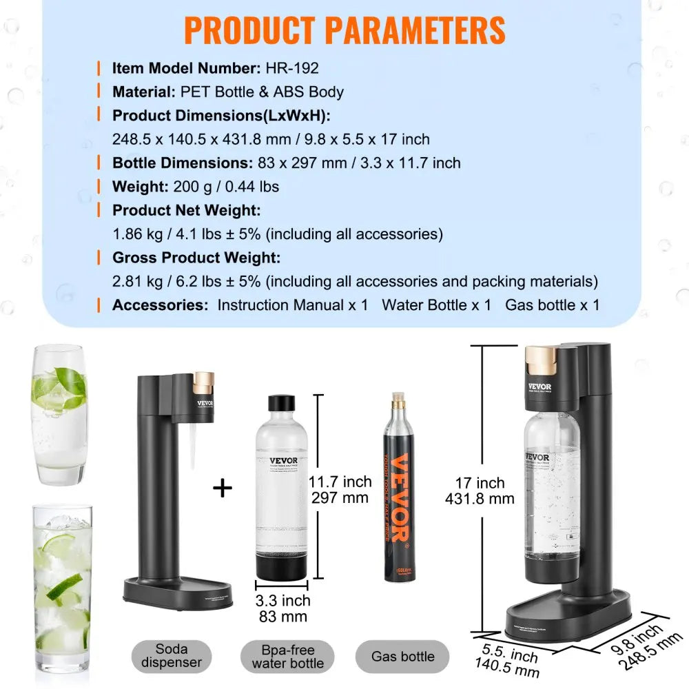 Sparkling Water Maker Soda Maker Machine for Home Carbonating Seltzer Water Starter Kit with BPA free 1L PET Bottle