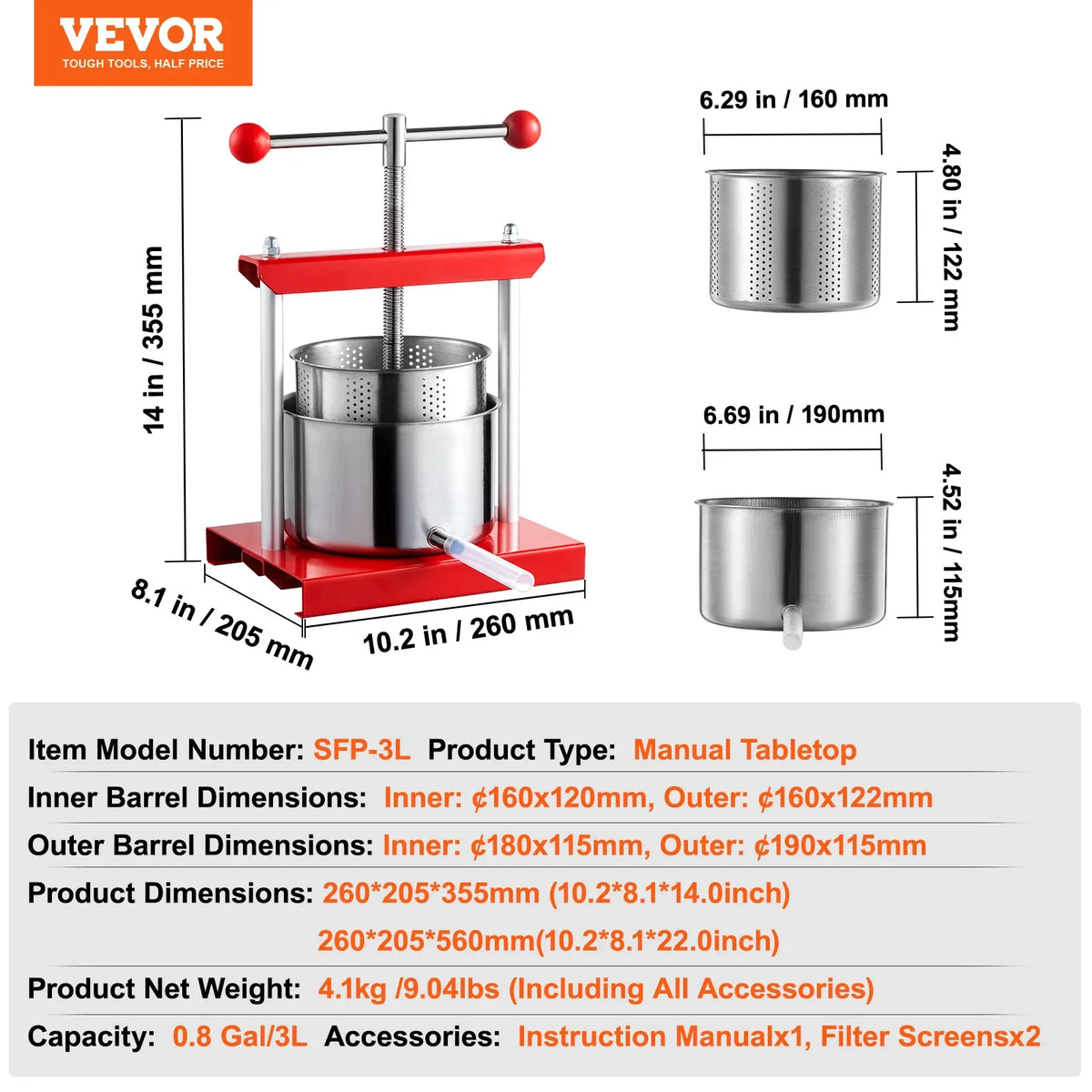 Fruit Wine Press 0.8 Gal/3L Heavy Manual Cider Apple Grape Tincture Vegetables Honey Olive Oil for Outdoor Kitchen Home