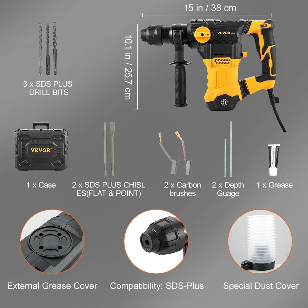 Rotary Hammer Drill 1500W Max Drilling 32mm 4 Modes SDS-Plus Corded Demolition Chipping Metal Concrete Breaker Jackhammer