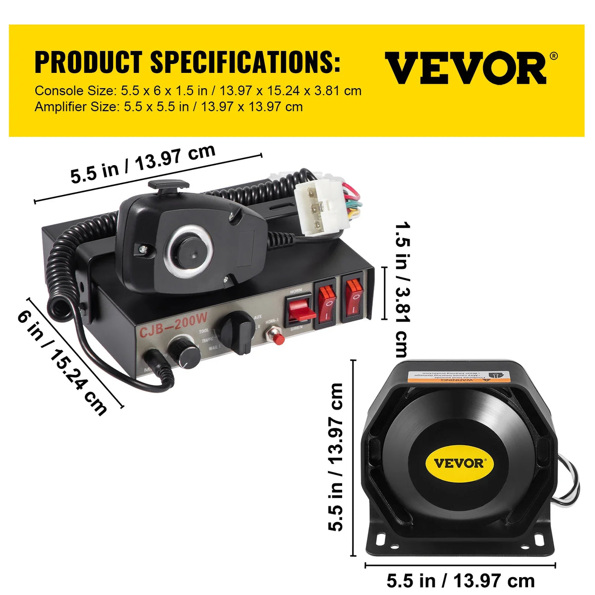 100 / 200W 12V DC Car Alarm Professional PA System 8 Kinds of Warning Sounds with Handheld Mic for All Specific Vehicles