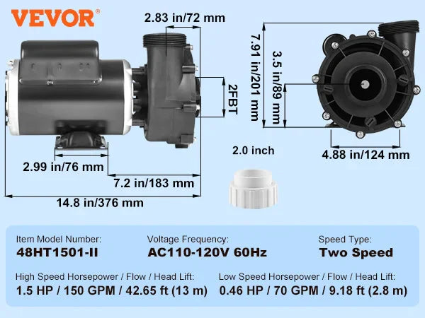 2 Speed SPA Pump 48/56-Frame AC 110-120V SPA Pump 1.5HP/3HP/4HP High Speed 2'' Port 90° Rotational Interface for Hot Tub