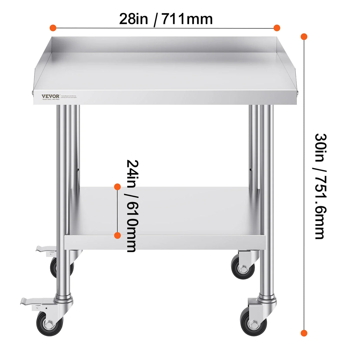 Stainless Steel Work Table Commercial Food Prep Worktable w/ 4 Wheels Heavy Duty Prep Worktable for Restaurant Home Hotel