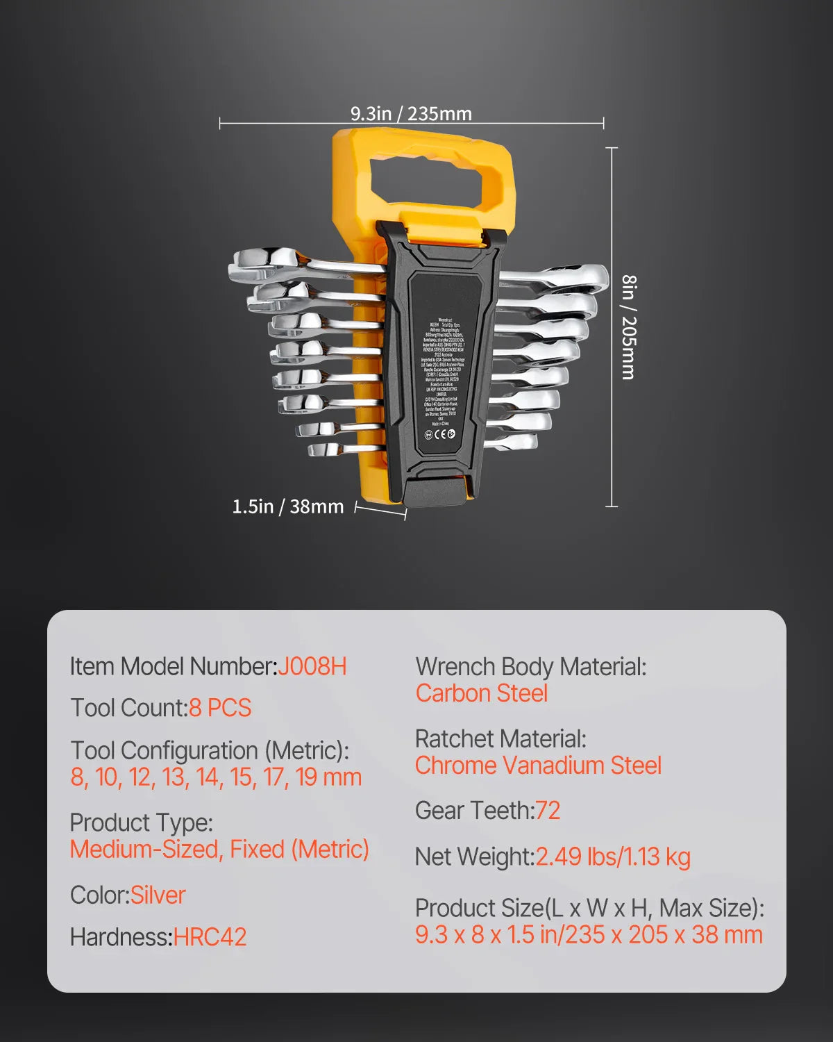 8/16PCs Combination Wrench Set Ratcheting Wrench Set Organizer Rack Cr-V Steel Wrench Set Metric Ideal General Household