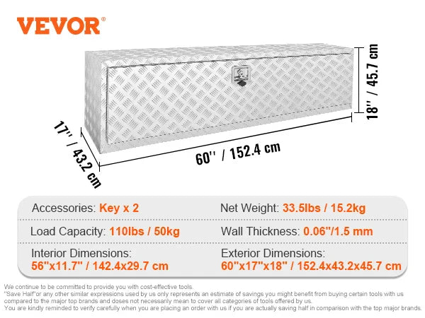 Pickup Storage Box, Heavy Duty Aluminum Diamond Plate Tool Box with Lock and Keys, for Truck, Van, Trailer