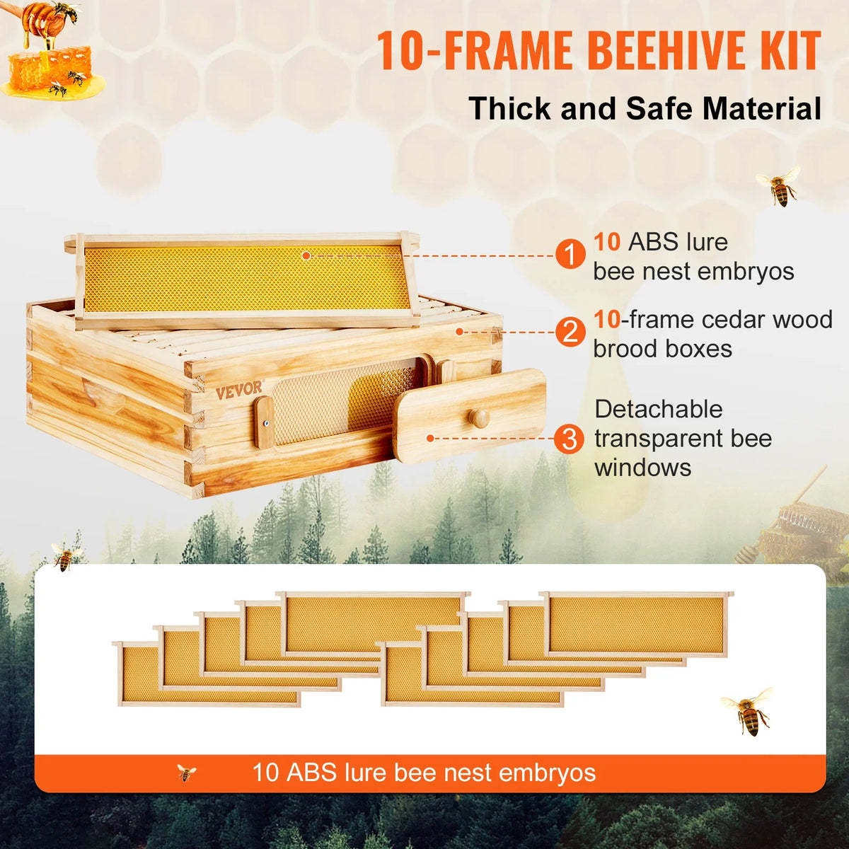 Bee Hive Medium Box Starter Kit 100% Beeswax Coated Natural Cedar Wood Beehive Kit with 10 Frames and Foundations