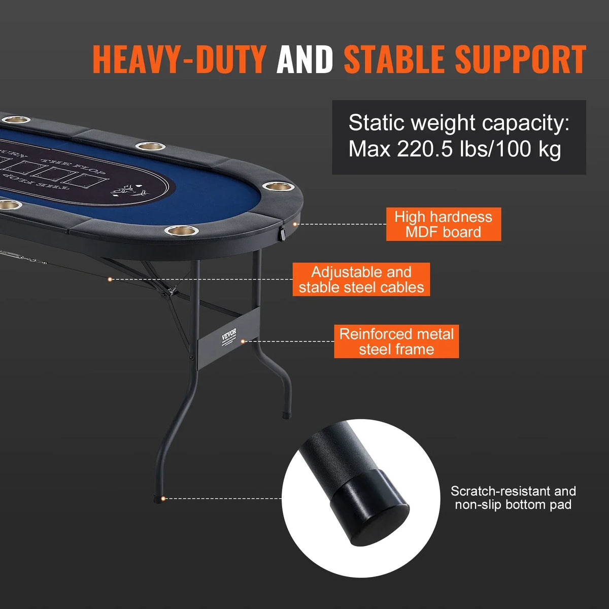 8 Player Foldable Poker Table Blackjack Texas Holdem with Padded Rails and Stainless Steel Cup Holders Blue for Party Game
