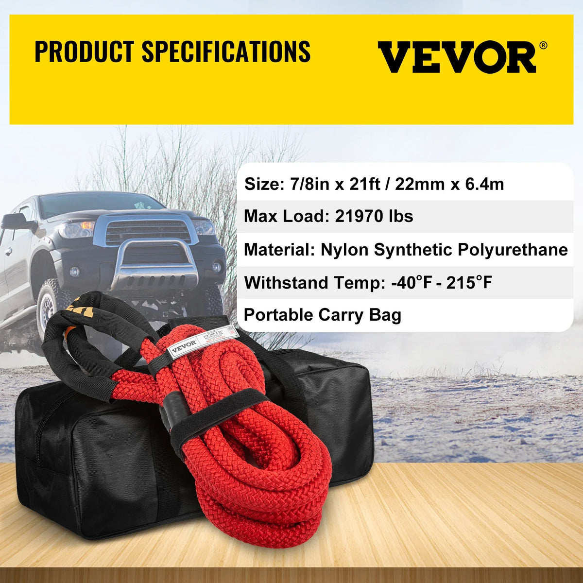Recovery Tow Rope Heavy Duty Nylon Double Braided Kinetic Energy Rope w/ Loops an and Protective Sleeves for Truck ATV UTV