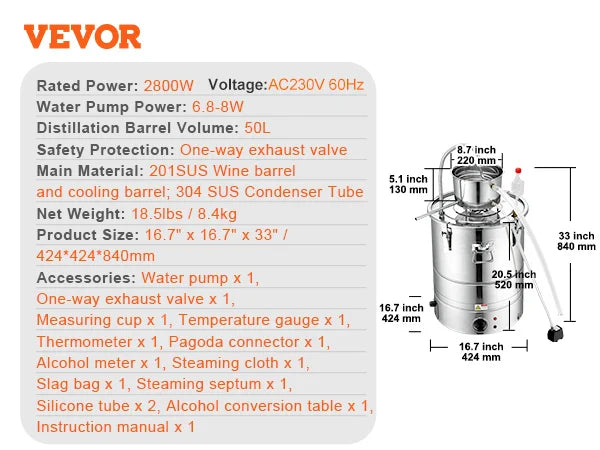 Alcohol Still, 30L 50L Water Alcohol Distiller, Home Distillery Kit w/ Stainless Steel Tube & Pump & One-way Exhaust Valve