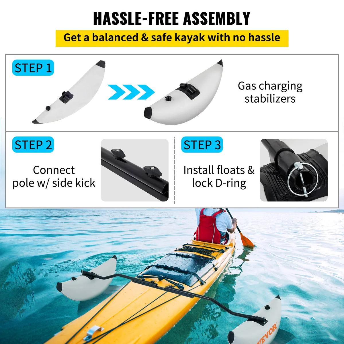 Kayak Outrigger Stabilizers 2 PCS PVC Inflatable Outrigger Float with Sidekick Arms Rod for Kayaks Canoes Fishing Boats