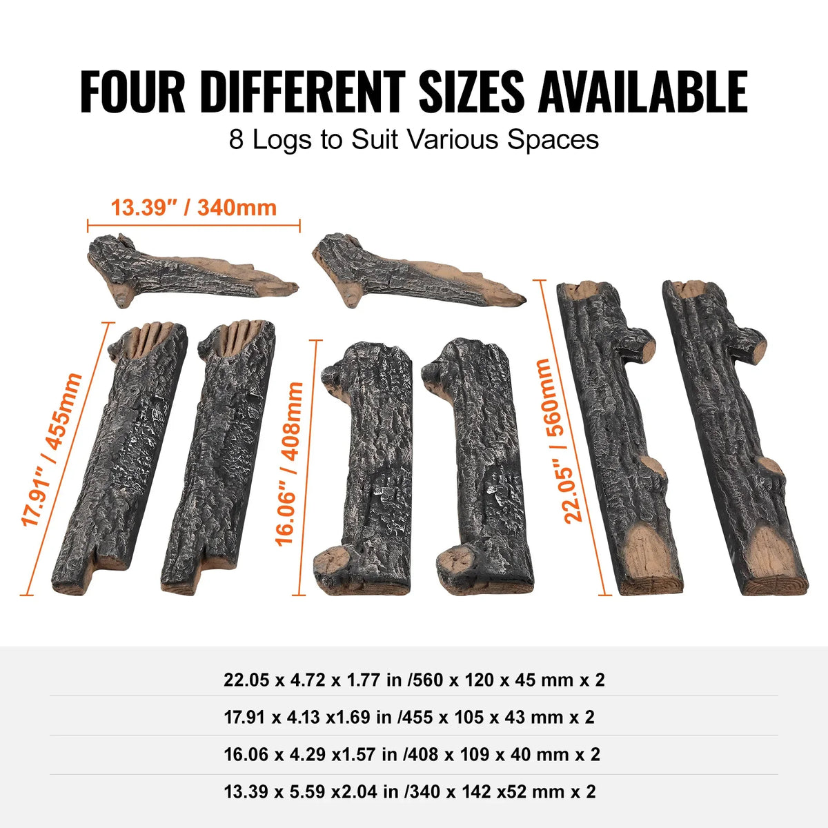 8Pcs Oak Logs Gas Fireplace Ceramic Logs for Fire place Heat-Resistant Wood Log Gas Realistic Logs Stackable Wood Branches