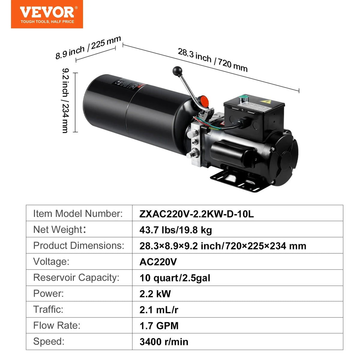 Hydraulic Pump AC 220V Single-Acting 1.7 GPM Flow Rate 3200 PSI Max Relief Pressure for Dump Trailer Car Lifting