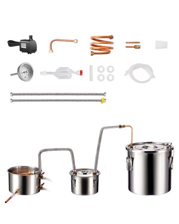 Alcohol Still, 5 Gal / 19 L Stainless Steel Water Alcohol Distiller with Copper Coil for Fast Cooling, Dual Condenser Distiller Kit with Secondary Distillation, for Wine Whisky Brandy, Silver