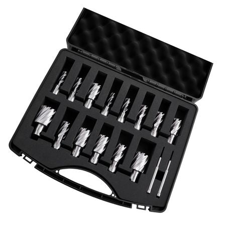 Annular Cutter Set, 16 pcs Weldon Shank Mag Drill Bits Kit, 1" Cutting Depth, 7/16" to 1-3/8" Cutting Diameter, HSS, 14 Drill Bits with 2 Pilot Pins, Plastic Case, for Magnetic Drills, Steel