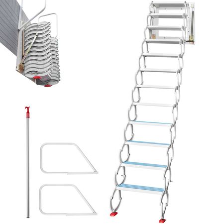 Attic Steps Pull Down 12 Steps Attic Stairs Alloy Attic Access Ladder, White Pulldown Attic Stairs, Wall-mounted Folding Stairs for Attic, Retractable Attic Ladder with Armrests, 9.8 feet Height