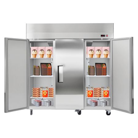 Commercial Freezer, 71.65 in Width Reach In Upright-Freezer Three Door, 50.2 Cu.ft Auto-Defrost Freezer with 12 Adjustable Shelves, -11 to 14 Fahrenheit Temp Control, LED Light, 4 Wheels