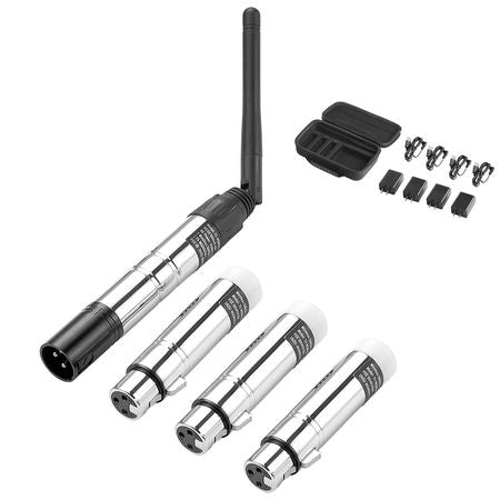 DMX Wireless Receiver, 3 Receivers & 1 Transmitter, 2.4G ISM Band, 656 ft Transmission Range, with Bag and Adapter, Wireless Stage Lighting Control, for LED Stage Party DJ Bar Lighting, Silver