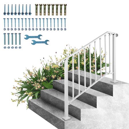 Fit 3 or 4 Steps Outdoor Stair Railing, Handrails for Outdoor Steps, Picket#3 Wrought Iron Handrail, Flexible Porch Railing, White Transitional Handrails for Concrete Steps or Wooden Stairs