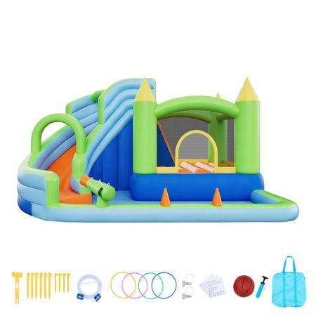 Inflatable Bounce House, 11.3 x 12.3 x 7.0 ft Inflatable Bounce House Water Slide, Bouncer Castle with Castle Bounces, Basketball Hoop, Splash Pool & Water Ring Toss, for 3 to 4 Kids Ages 3 to 8