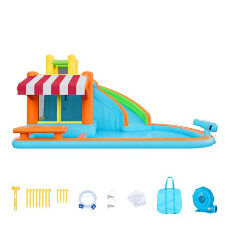 Inflatable Bounce House, 14.9 x 12.8 x 7.8 ft Inflatable Bounce House Water Slide, Bouncer Castle with Castle Bounces, Tall Slide, Splash Pool & Pretend Market Booth, for 3 to 4 Kids Ages 3 to 8