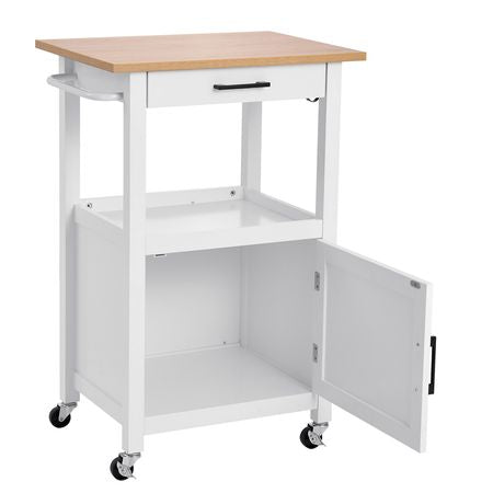 Kitchen Island Cart with Single Door Cabinet, Mobile Carts with Drawer, Towel Rack, Hooks, Portable Table on Swivel Wheels, Small Coffee Islands Microwave Stand for Dining Room, 18x23 in, White