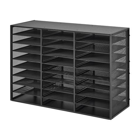 Literature Organizer, 27 Compartments Metal Office Mailbox with Detachable Wire Mesh, Mailbox Sorter with Wooden Top, Countertop Office Home Storage Organizer for File, Document, Paper, Black