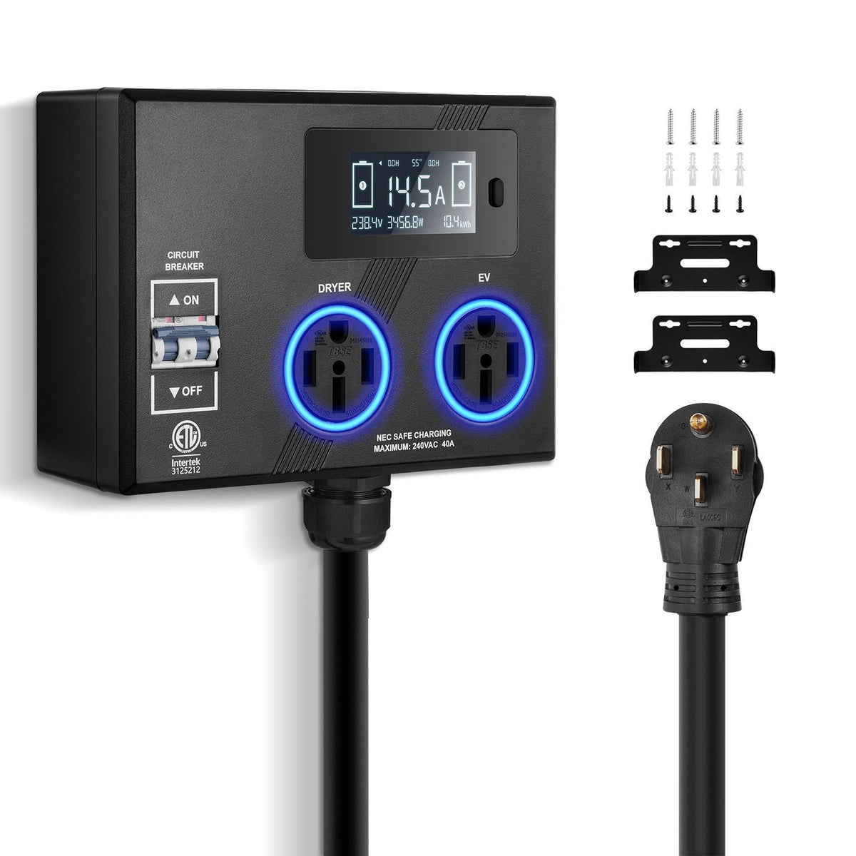 NEMA Splitter for Dryer and EV, 3-Color LED Indicator, 240V Smart Power Distribution, With NEMA 14-50 Plug, Two NEMA 14-50 Outlets, 3.4 in LCD Screen, Max 40A Dryer EV, Tested to ETL Standard