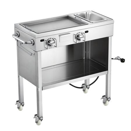 Outdoor Propane Griddle, 2 Burners (11,600 BTU Each), Commercial Stainless Steel Gas Griddle Cart with 4 Lockable Wheels, 1/3 Food Pan, Easy-Grip Side Handle, Ideal for Hot Dogs, Burgers & Meats