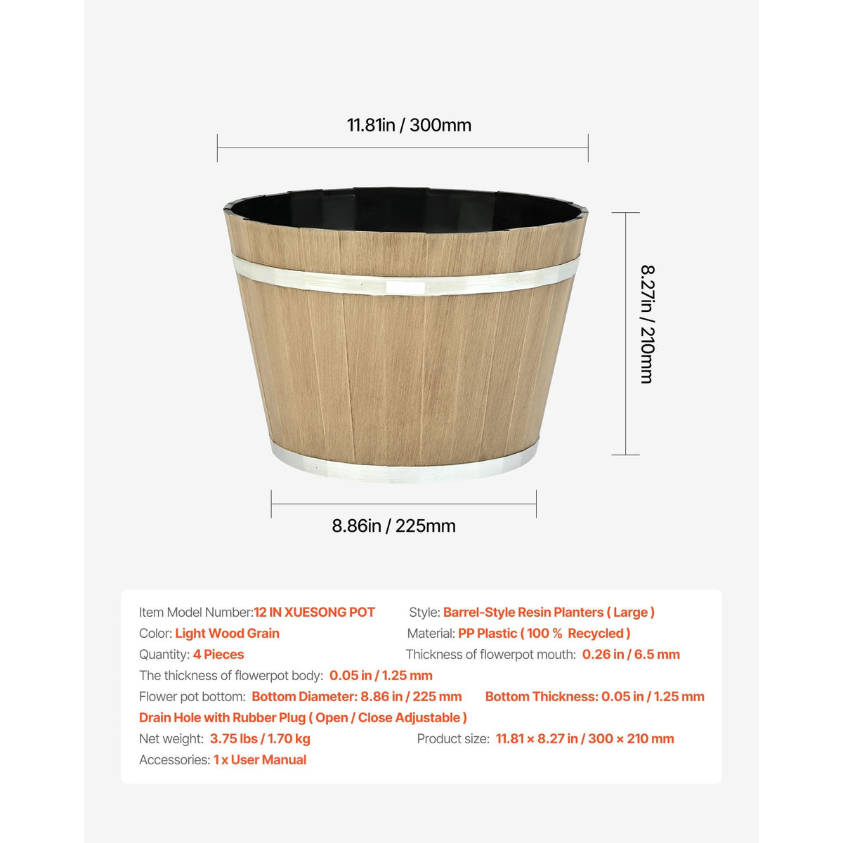 Plant Pots, 4 Pack 11.81 inch Whiskey Barrel Planters with Drainage Holes, Large Outside Plastic Decoration Flower Pot Imitation Wine Barrel Design for Indoor Outdoor Garden Home Plants, Brown