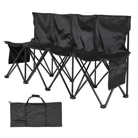 Portable Folding Bench, 4 Seat Foldable Soccer Bench with Side Pockets and Carrying Bag, Lightweight Sideline Seating with Back Rest for Football, Baseball, Camping, Outdoor Events, Black