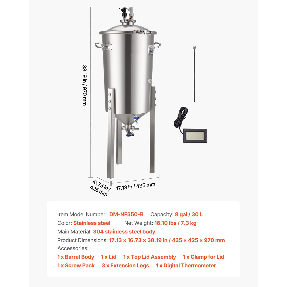 Pressure Fermenter 15 PSI, 8 Gal/30L All-in-One Stainless Steel Conical Secondary Fermentation Bucket, for Wine, Beer Brewing Equipment