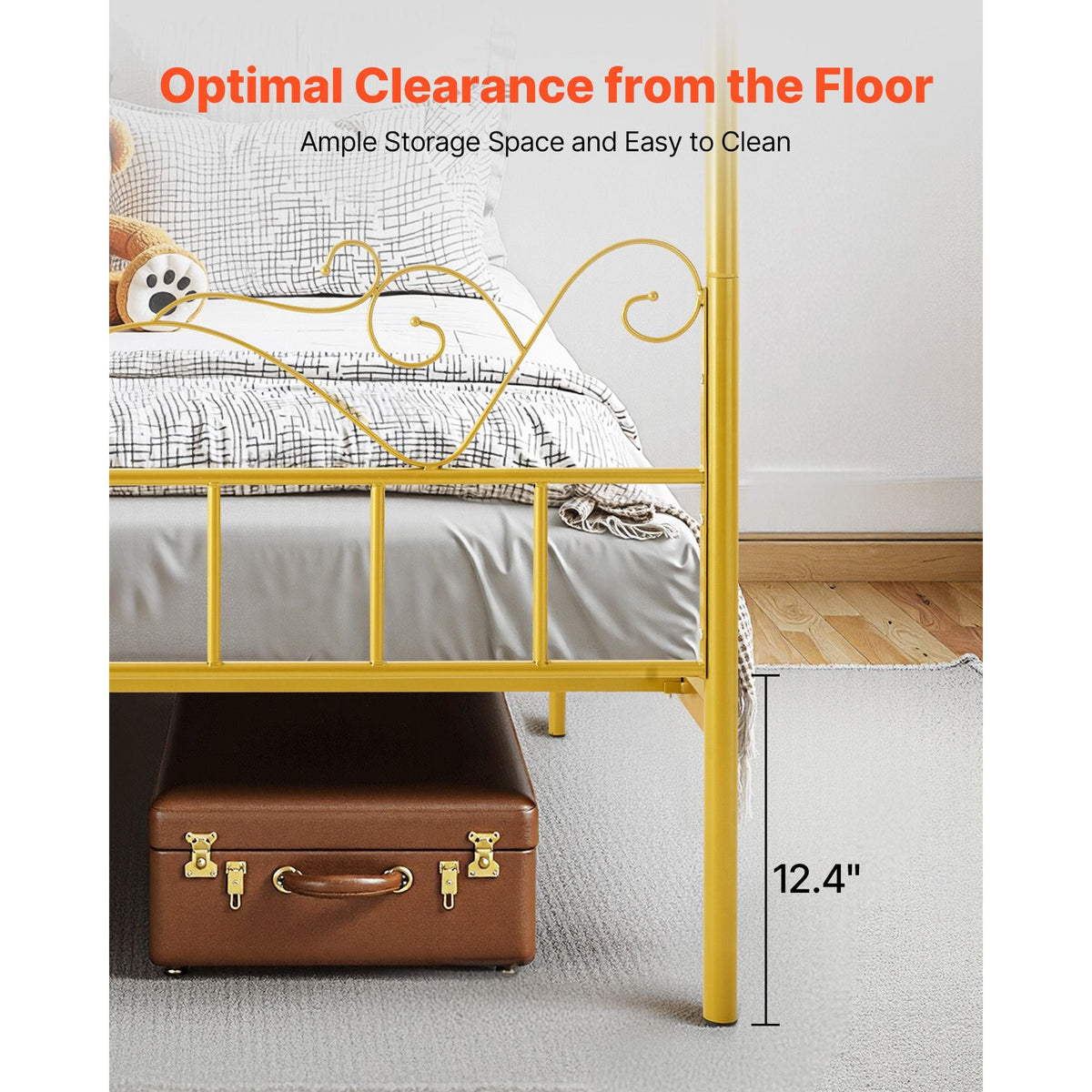 Queen Size Canopy Bed Frame, Metal Canopy Bed with Minimalist Headboard & Four Posters Design, Heavy Duty Steel Slats Support, Underbed Storage Space, No Box Spring Needed, Easy Assembly, Gold