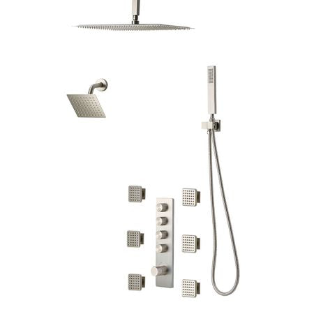 Shower Faucet Set, 16 Inch Thermostatic Ceiling Mount Rainfall Shower System with 6 Inch Wall Mount Head, 6 Body Jets and Handheld Spray, Dual Rain Head Brass Valve and Trim Kit, Brushed Nickel