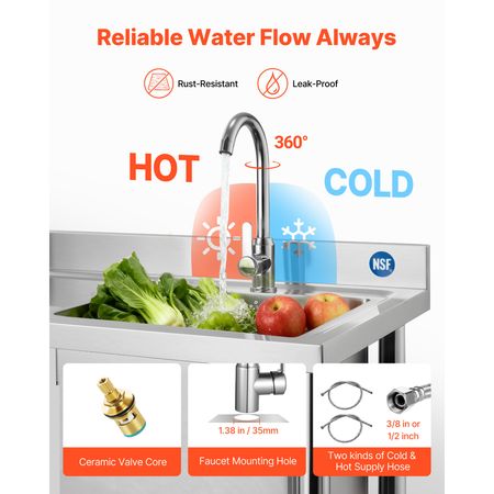Stainless Steel Utility Sink, Rolling Single Bowl Commercial Kitchen Sink with Wheels, Faucet and Hot & Cold Water Pipe, Utility Basin Workbench for Garage Restaurant Laundry 39.4x19.7x41.5in