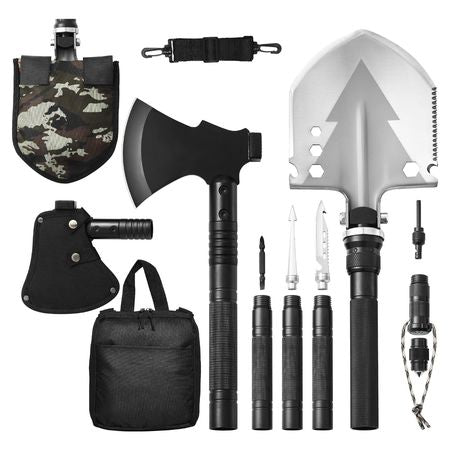 Survival Shovel Survival Axe, 16-in-1 Camping Folding Shovels with Hatchet, Stainless Steel Tactical Shovel Hatchet Combo, Multifunctional Emergency Survival Gear Equipment for Camping Hiking