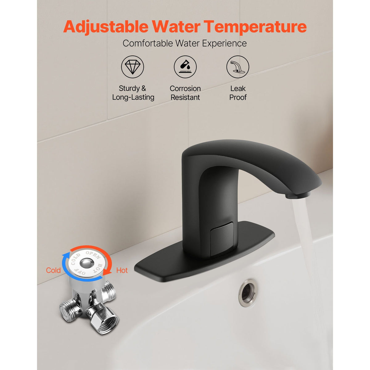 Touchless Bathroom Sink Faucet, Automatic Motion Sensor Restroom Toilet Faucet with Hole Cover Plate, Battery Operated,Adjustable Temperature for 9/16 in Pipe Commercial Lavatory,Matte Black