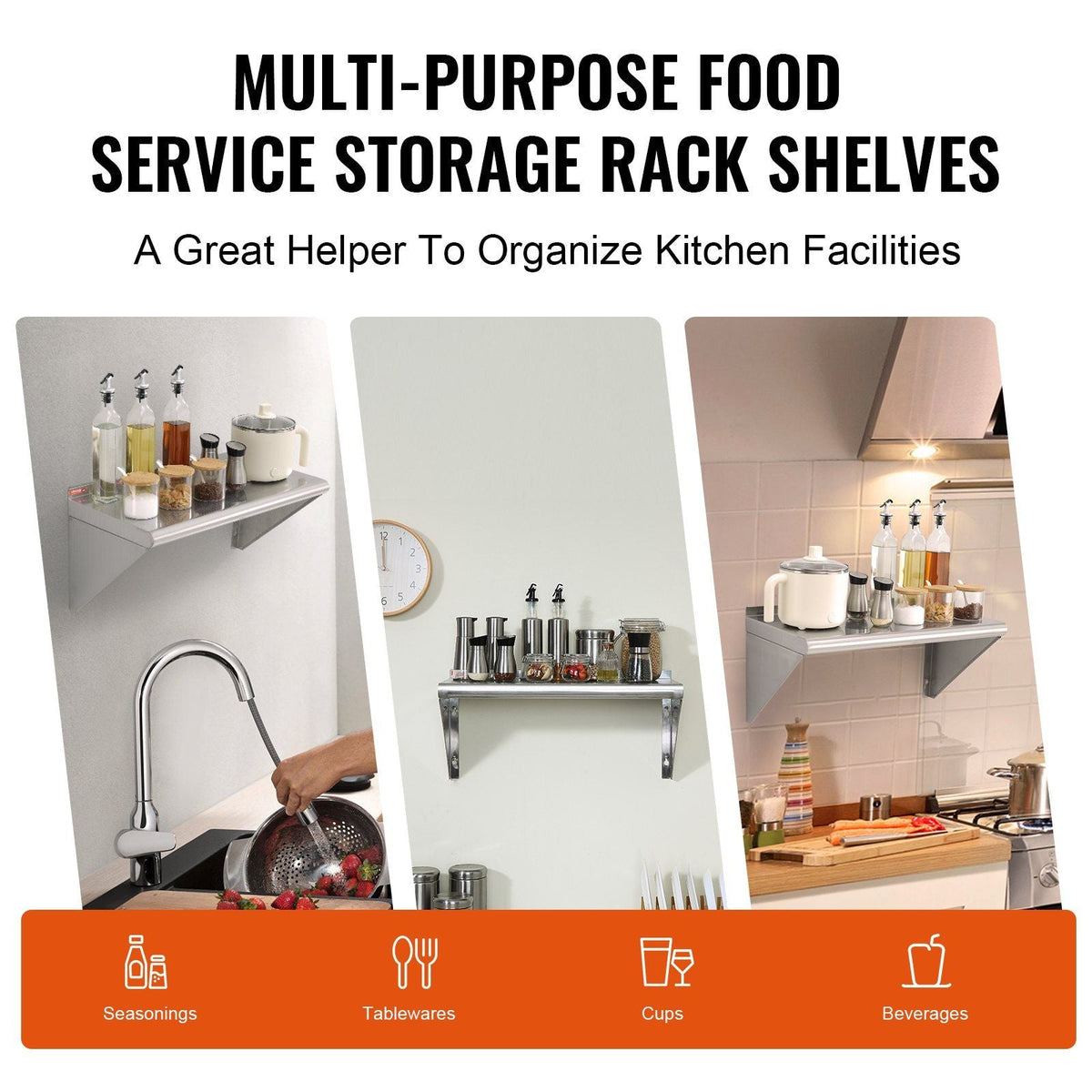 12" x 24" Stainless Steel Shelf, Wall Mounted Floating Shelving with Brackets, 230 lbs Load Capacity Commercial Shelves, Heavy Duty Storage Rack for Restaurant, Kitchen, Bar, Home, and Hotel