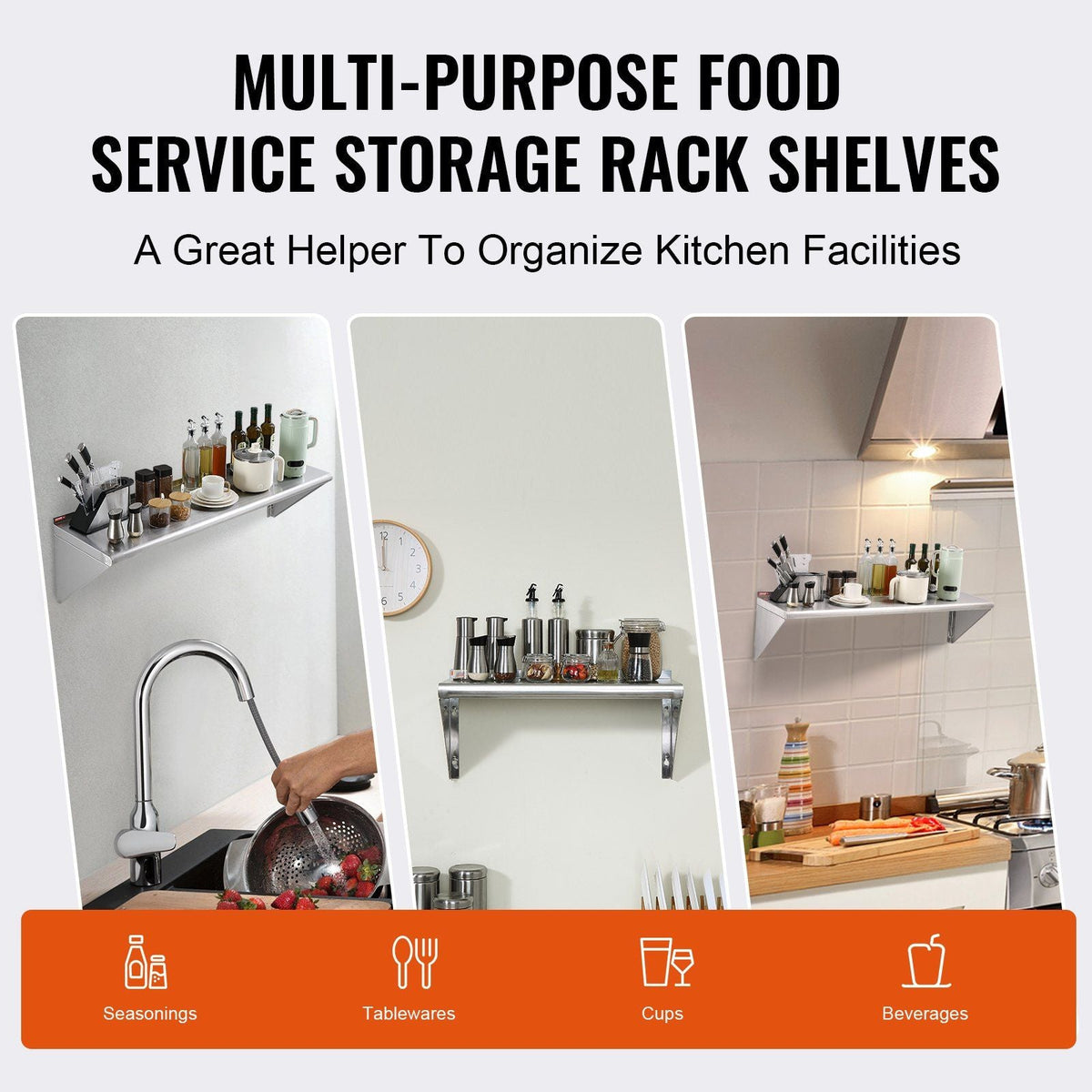 18" x 48" Stainless Steel Shelf, Wall Mounted Floating Shelving with Brackets, 400 lbs Load Capacity Commercial Shelves, Heavy Duty Storage Rack for Restaurant, Kitchen, Bar, Home, and Hotel