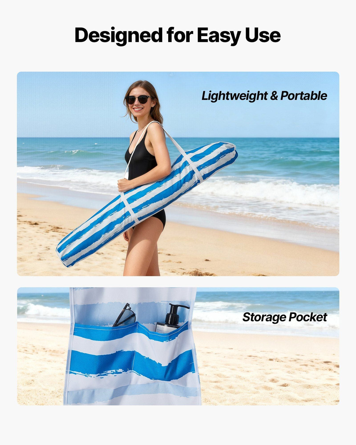 Beach Cabana, 6 x 6 ft Beach Canopy with Side Wall, UPF 50+ Protection Easy Setup Cabana Tent with Sand Pockets, Portable Shade Sun Shelter Umbrella for Whole Family & Friends, Blue Stripes