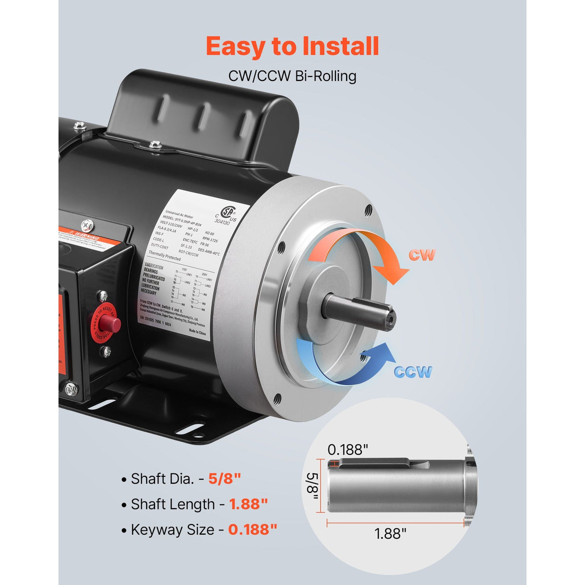 0.5 HP Electric Motor, 1725RPM Air Compressor Motor, CW/CCW Rotation, 5/8 inch Shaft Diameter, 1.88inch Shaft Length, 2.07N.m Torque, Single-Phase, TEFC Cooling, 115V/230V, 56 Frame